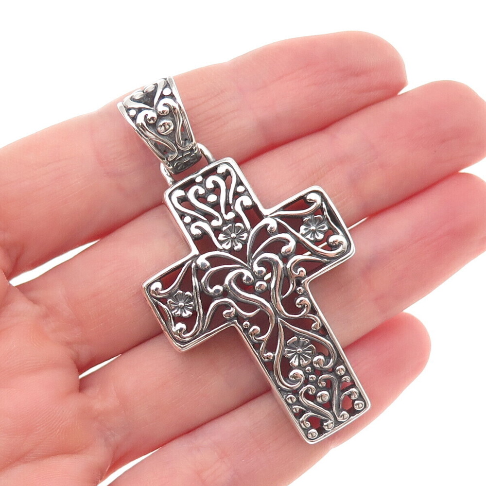 Carolyn Pollack 925 Sterling Silver Vintage Floral Ornate Cross Oxidized Pendant